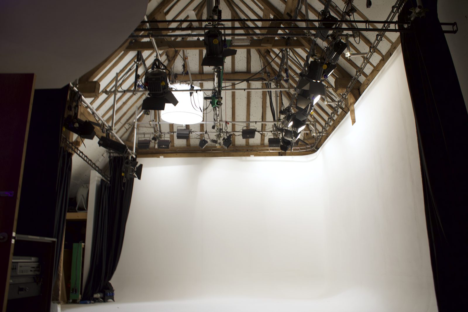 The White Space at our Chichester studio: an infinity cove under the lighting grid in the barn roof