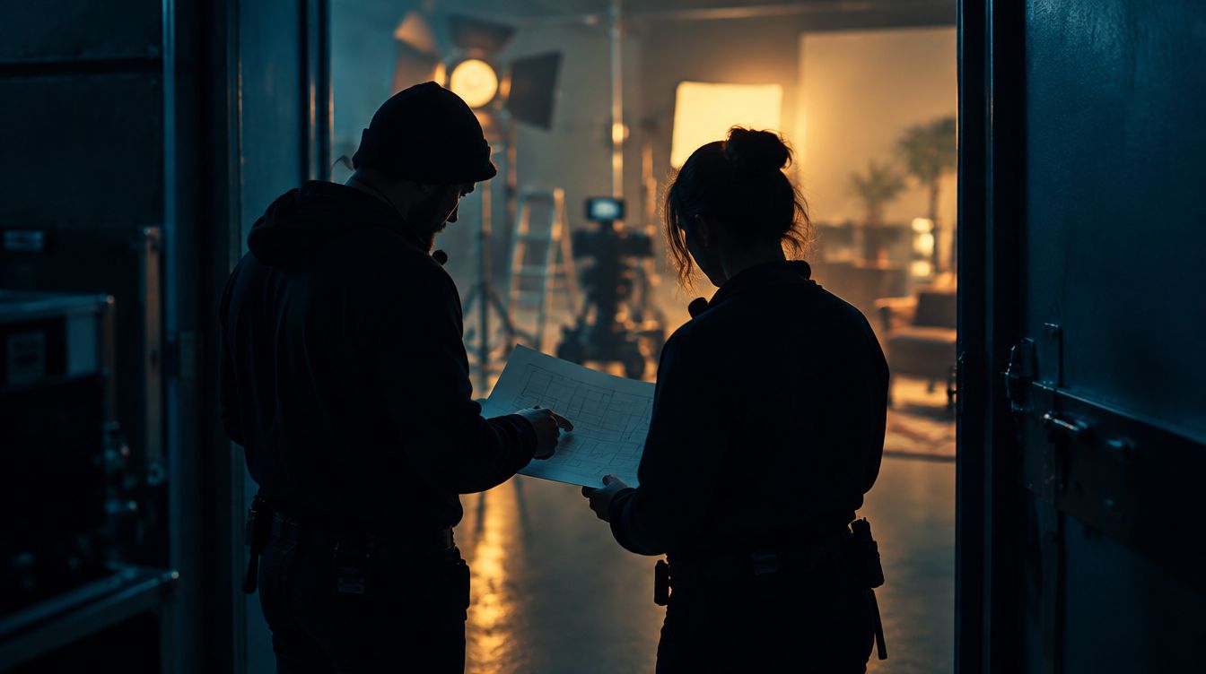 Two production crew reviewing a plan in a studio doorway