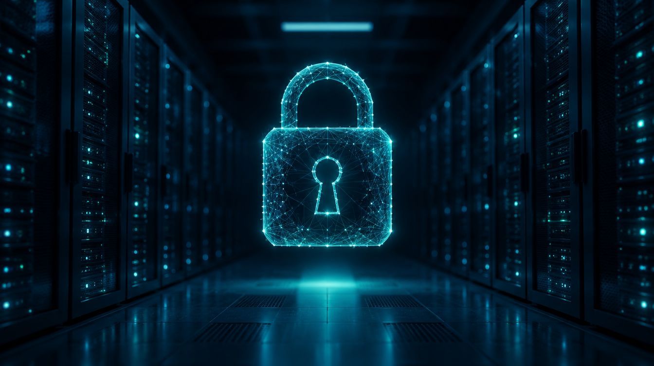 Glowing padlock in a secure data centre corridor