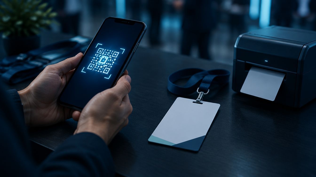 Phone showing a check-in code beside a blank badge and badge printer