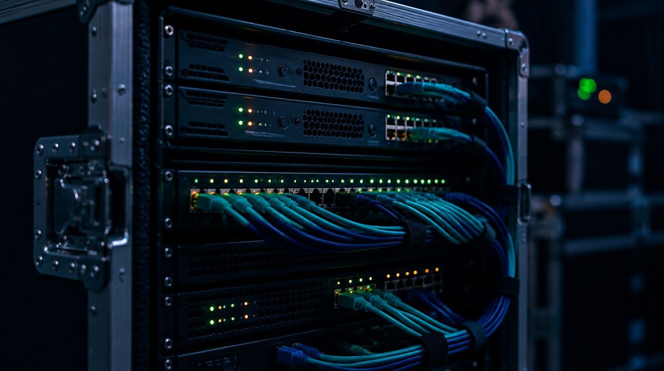 Streaming equipment rack with encoders and patch cables