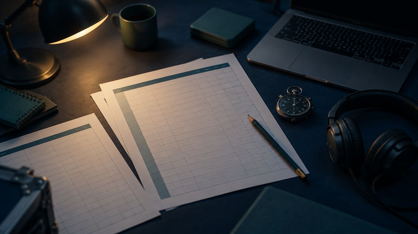 Production planning desk with run order sheets and headphones