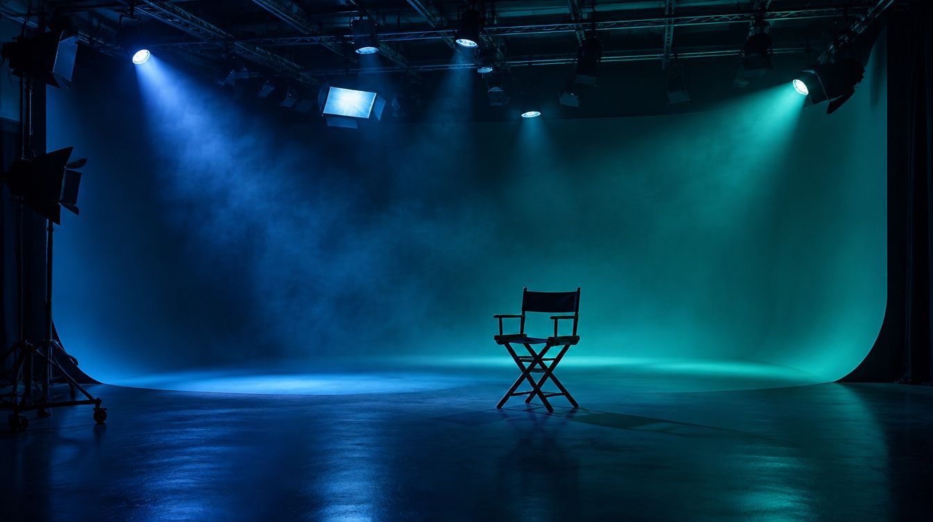Empty broadcast set with a lit cyclorama and lighting grid