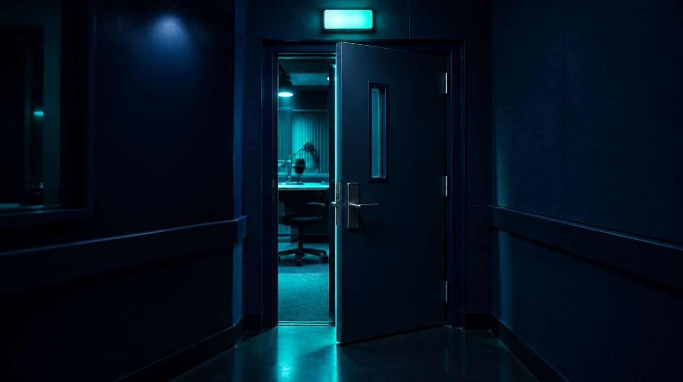 The door to the VSE studio, light spilling into the corridor