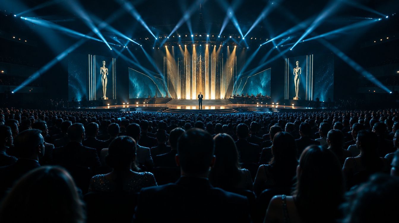 Awards ceremony seen from the back of a packed auditorium
