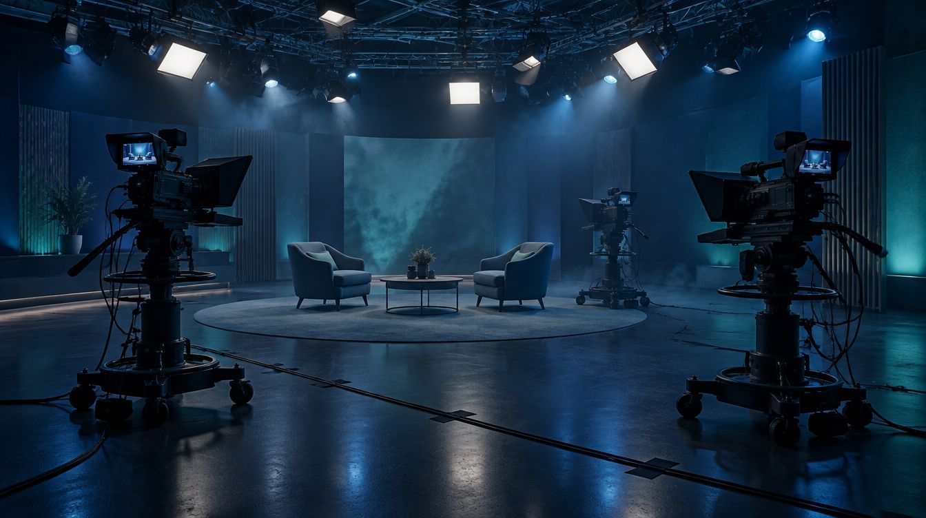 Multi-camera studio floor with an interview set
