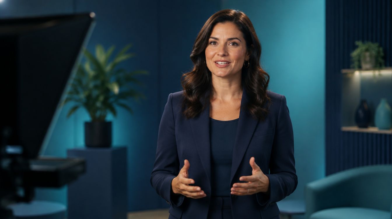 Presenter addressing camera on a town hall studio set